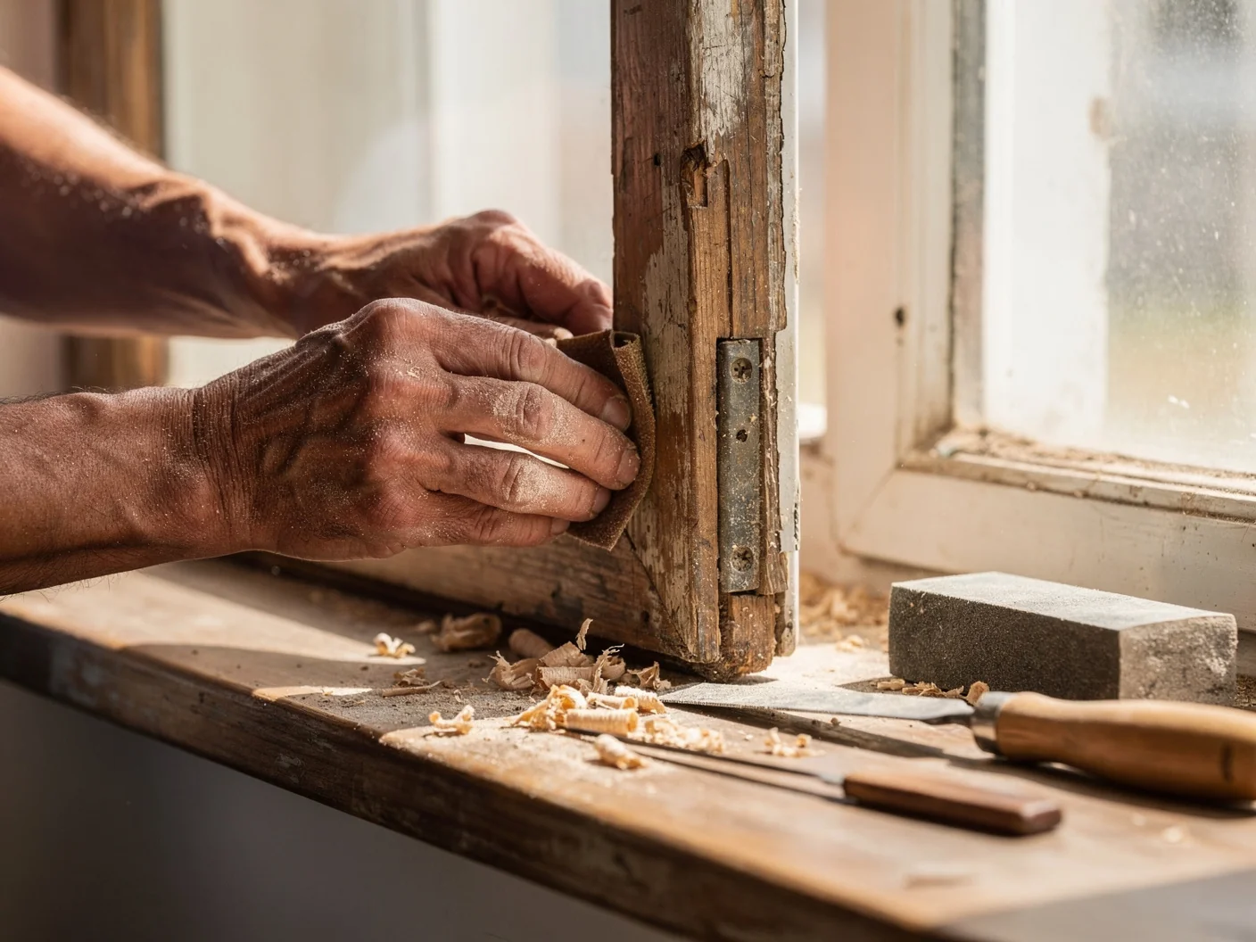 Mains entretenant une fenêtre en bois ancienne