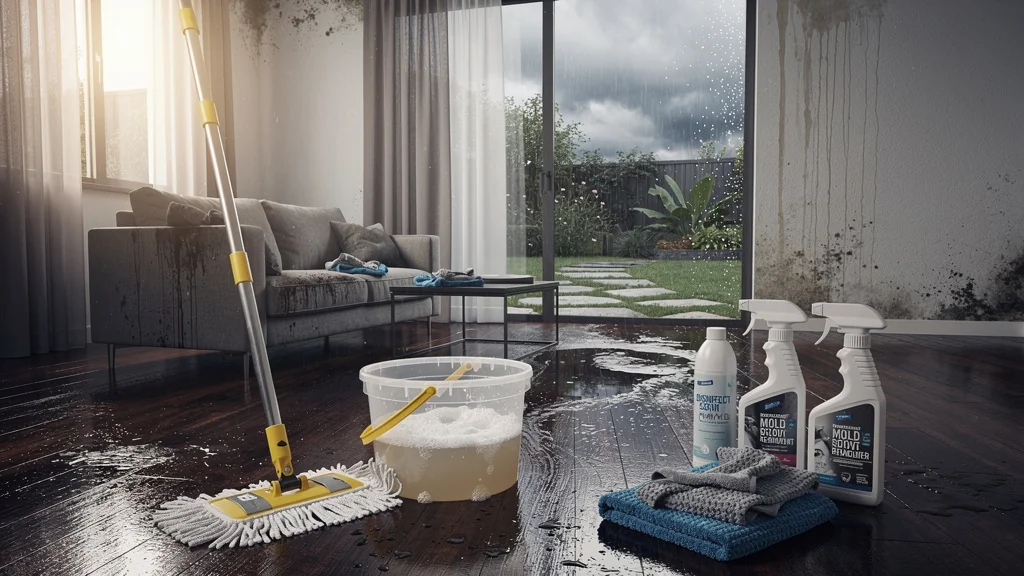 Désinfection maison après dégât des eaux avec outils de nettoyage dans salon humide et lumineux