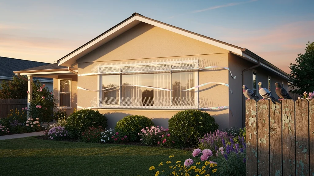Maison paisible avec jardin et dispositifs discrets pour éloigner les pigeons sans leur nuire