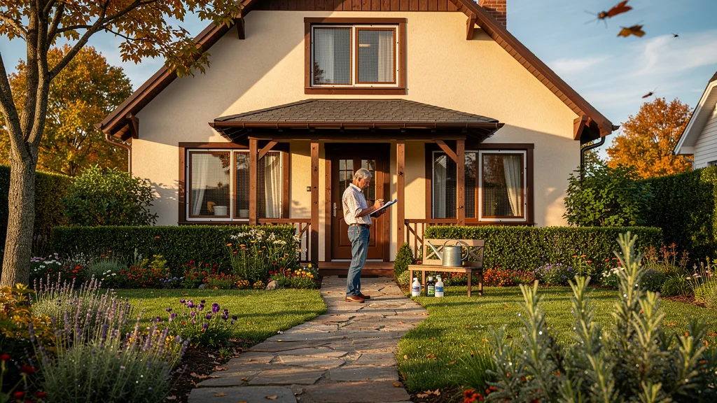 Maison soignée en automne avec jardin et protections contre les insectes pour routine de prévention saisonnière