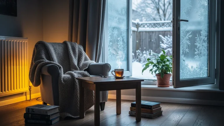 Fenêtre ouverte en hiver dans un salon chaleureux, illustrant l'aération sans gaspillage de chauffage