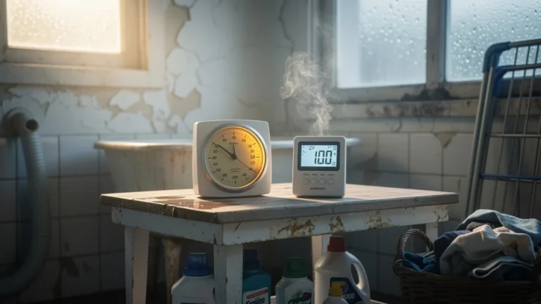 Comparaison de deux hygromètres à petit prix dans une buanderie humide réaliste et détaillée