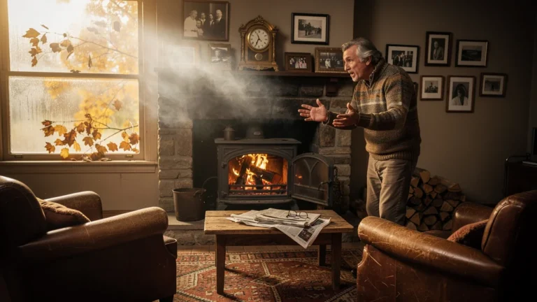 Salon enfumé après la première flambée d'automne, ambiance chaleureuse et réaliste avec poêle à bois