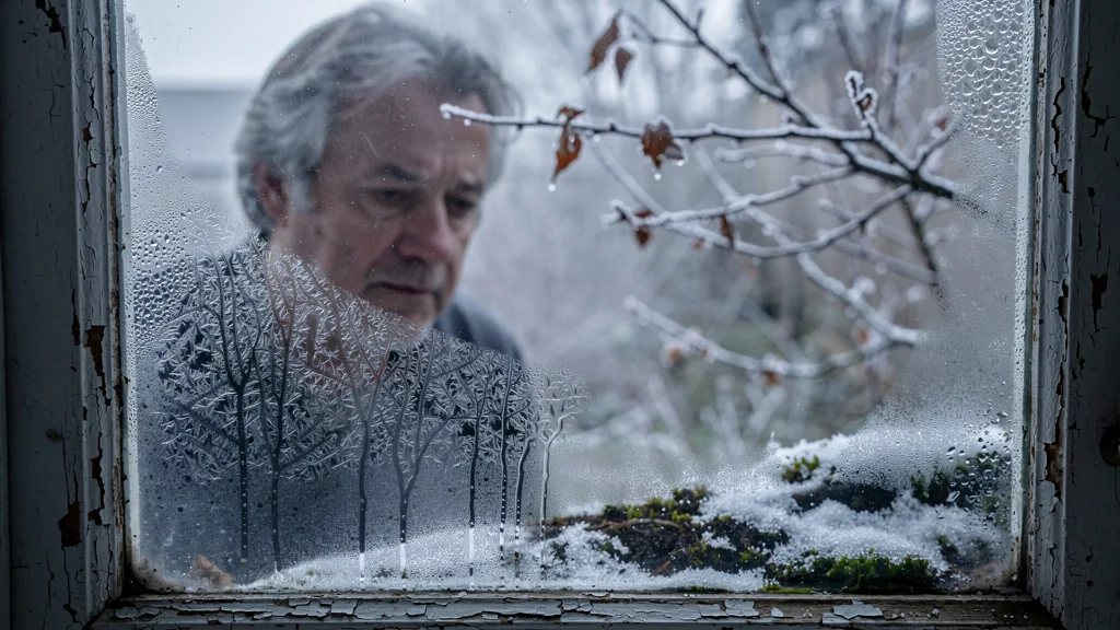Fenêtre en hiver avec condensation visible révélant problème d'humidité dans maison humide