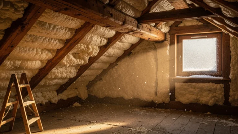 Isolation en ouate de cellulose sous combles dans l'Ain après deux hivers, vue détaillée et lumineuse