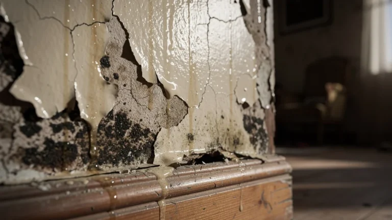 Mur intérieur humide avec peinture anti-humidité qui masque les dégâts sans les réparer
