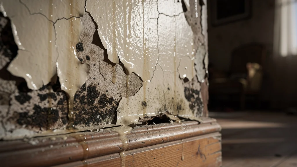 Mur intérieur humide avec peinture anti-humidité qui masque les dégâts sans les réparer