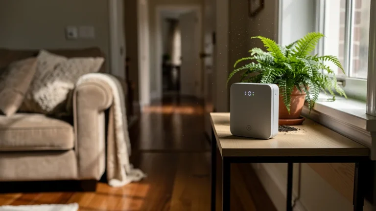 Boîtier connecté surveillant l'humidité pièce par pièce dans une maison moderne et chaleureuse