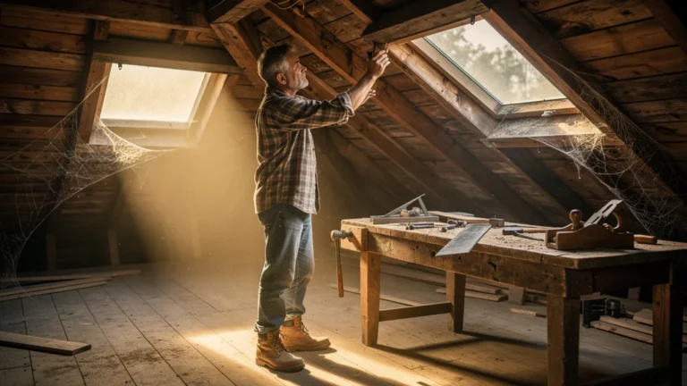 Homme inspectant la charpente en bois du grenier au printemps dans une maison ancienne