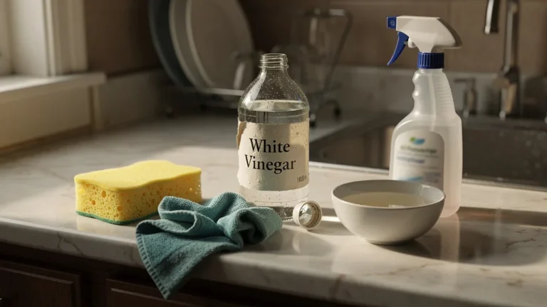 Bouteille de vinaigre blanc sur un plan de travail de cuisine illustrant ses limites comme nettoyant