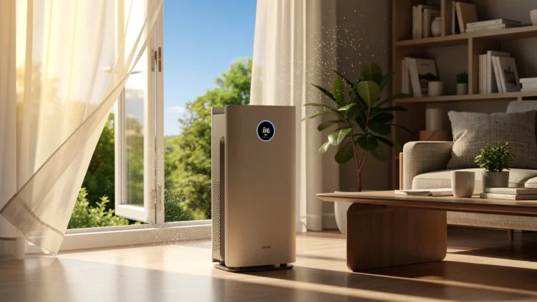 Comparaison entre purificateur d'air moderne et fenêtre ouverte pour la qualité de l'air intérieur