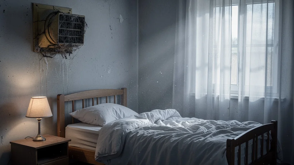 Ancienne VMC bouchée causant l'air lourd et stagnant dans une chambre vieillissante