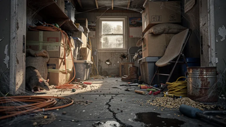 Garage encombré transformé en couloir infesté de rongeurs, désordre et infestation visibles