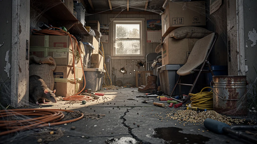Garage encombré transformé en couloir infesté de rongeurs, désordre et infestation visibles