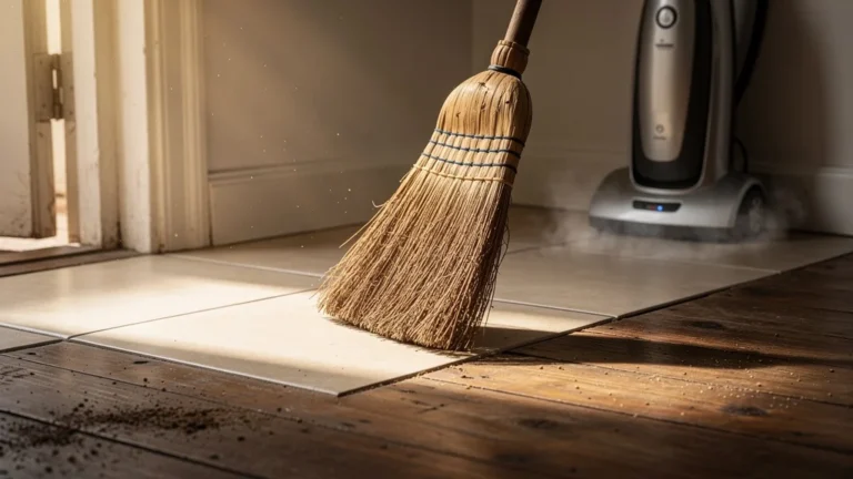 Ancien balai-brosse nettoyant à fond les joints, surpassant le nettoyeur vapeur moderne