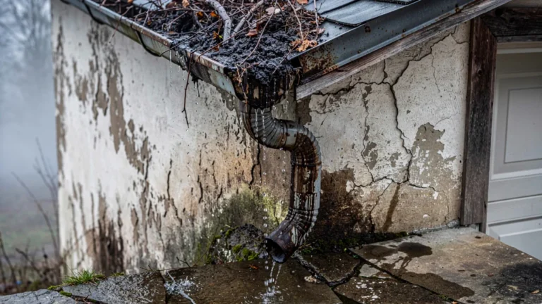 Mur de garage humide par négligence de la gouttière, trace d'eau et dégradation visibles