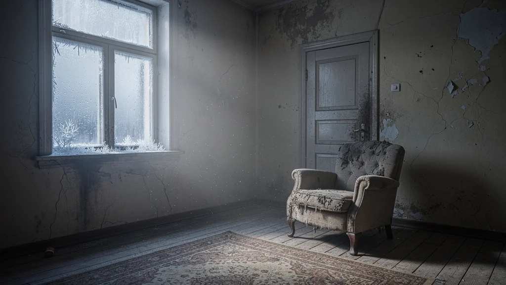 Intérieur froid et humide d’une pièce non chauffée et jamais aérée, ambiance stagnante et dégradée
