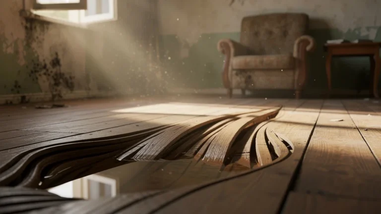 Plancher en bois gondolé par trois ans d'humidité ignorée dans une maison ancienne