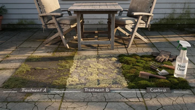 Terrasse nord de maison avec trois zones testées d’anti-mousse montrant différents effets sur les dalles
