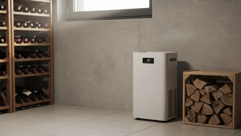 Déshumidificateur électrique dans une cave saine et propre, illustrant son utilité possible