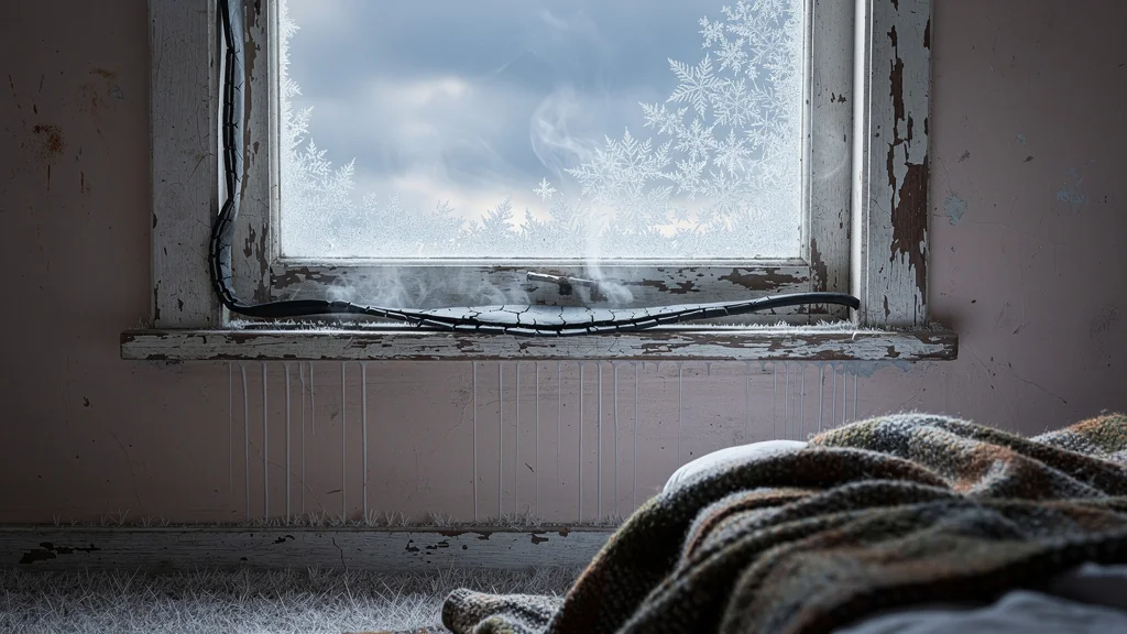 Fenêtre fissurée laissant passer l'hiver dans une chambre, isolation défaillante et froid visible