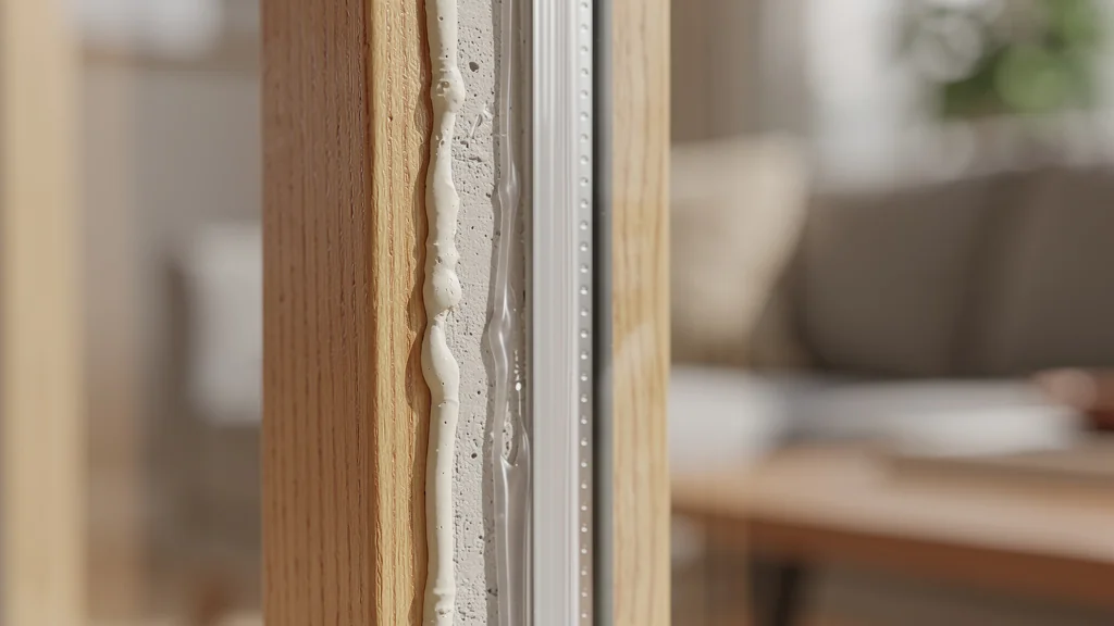 Comparaison hyper-réaliste d’un mastic acrylique et d’un silicone appliqués sur une fenêtre moderne